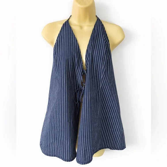 Anthropologie LyreBird Tie Front Halter Top Navy Stripe Cotton NWT XL - Picture 2 of 9